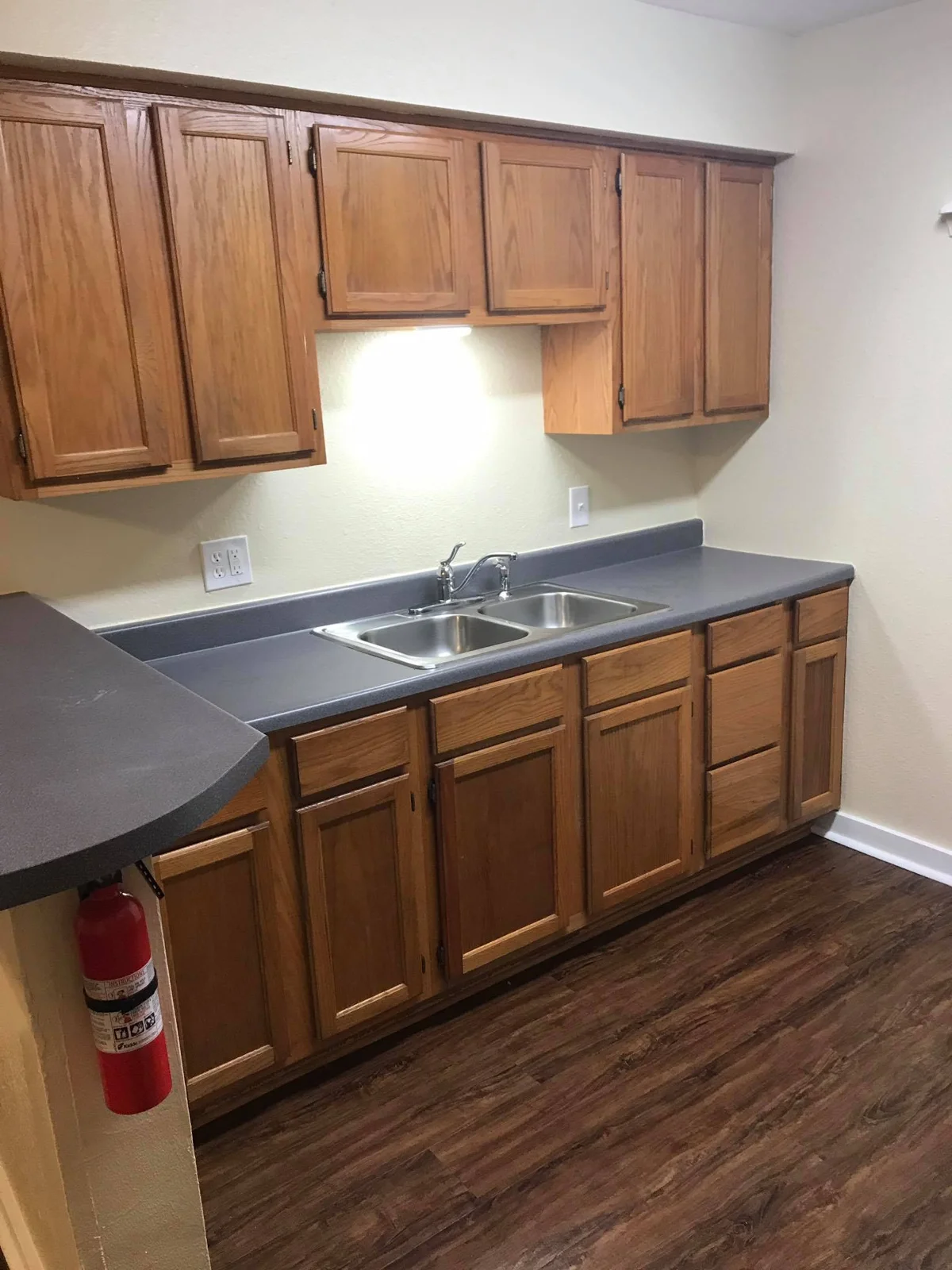 Kitchen counter, sink, and wood cabinets